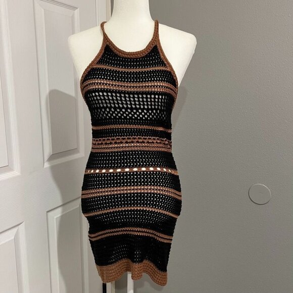 Crochet Knit Open Back Halter Mini Dress Size Small - Picture 1 of 3